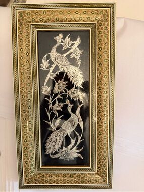Persian khatam Ornate Peacock Wall Art Panel in Gold and